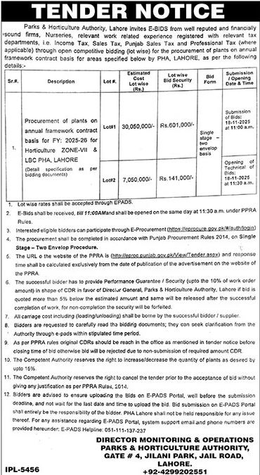 Parks & Horticulture Authority Lahore Tender Notice